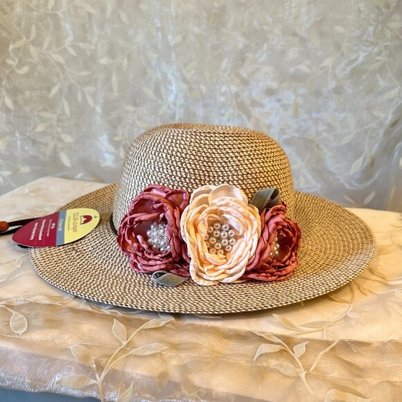 Elegant Women's Tweed Sun Hat With Satin Flowers And Pearls Special Event (NEW) - Picture 2 of 12